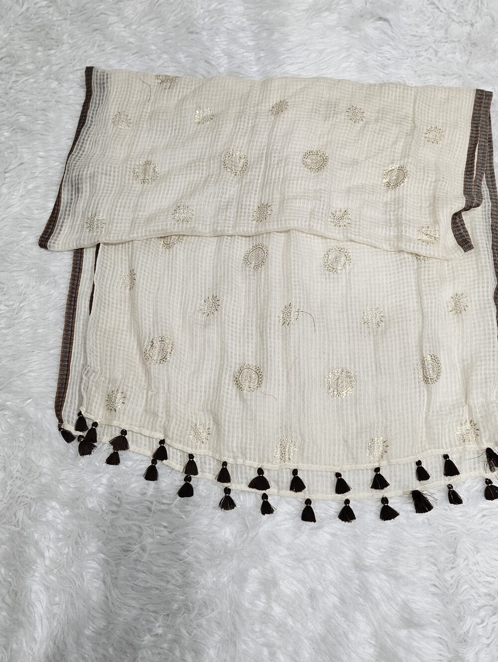 Women's Cream Embroidered Tassel Scarf Wrap